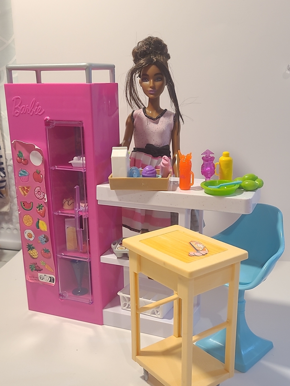 Barbie Pink Refrigerator Play Kitchen with Blue Chair and Cream Cart